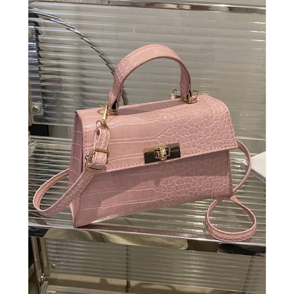 Mini Light Pink Crocodile Print Satchel Bag Turn Lock Top Handle Crossbody Strap